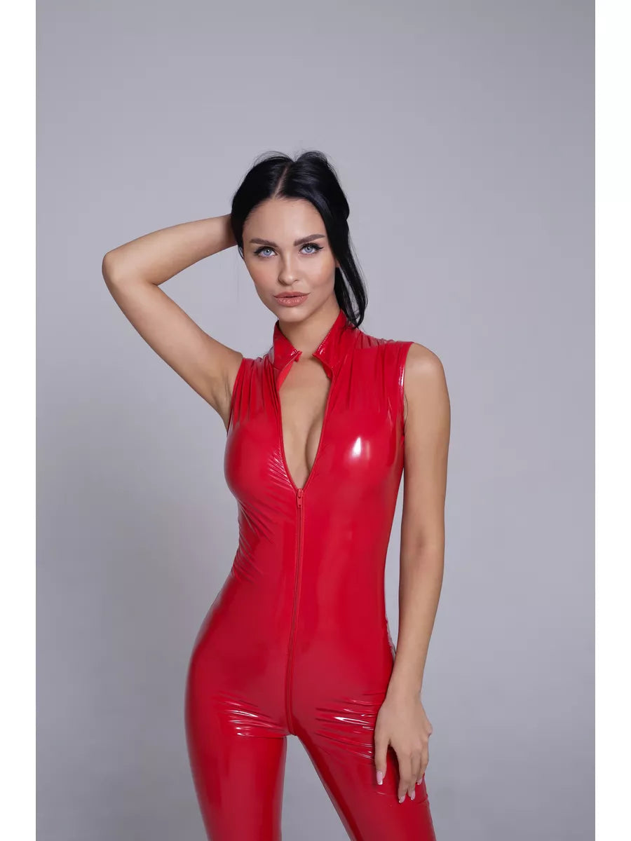 Women's Red Wet Look Sleeveless Catsuit with Stand Collar and Front Zip