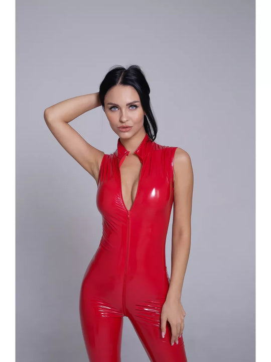 Women's Red Wet Look Sleeveless Catsuit with Stand Collar and Front Zip