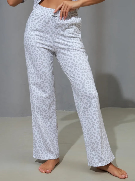 Women's Leopard Print Satin Pyjama Set with Short-Sleeve Top and Long Trousers