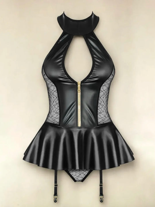 Women's Black Wet Look Bodysuit with Cut-Out, Ruffle Skirt and Suspender Straps