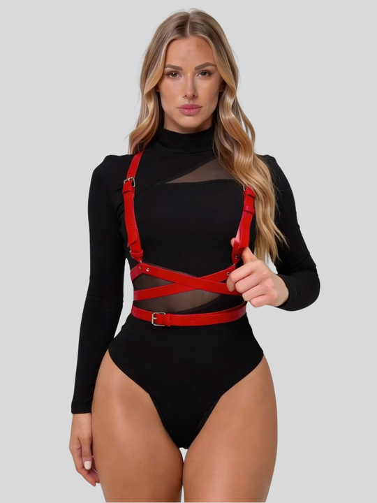 Women's Red Faux Leather Corset-Style Harness with Adjustable Shoulder and Waist Buckles