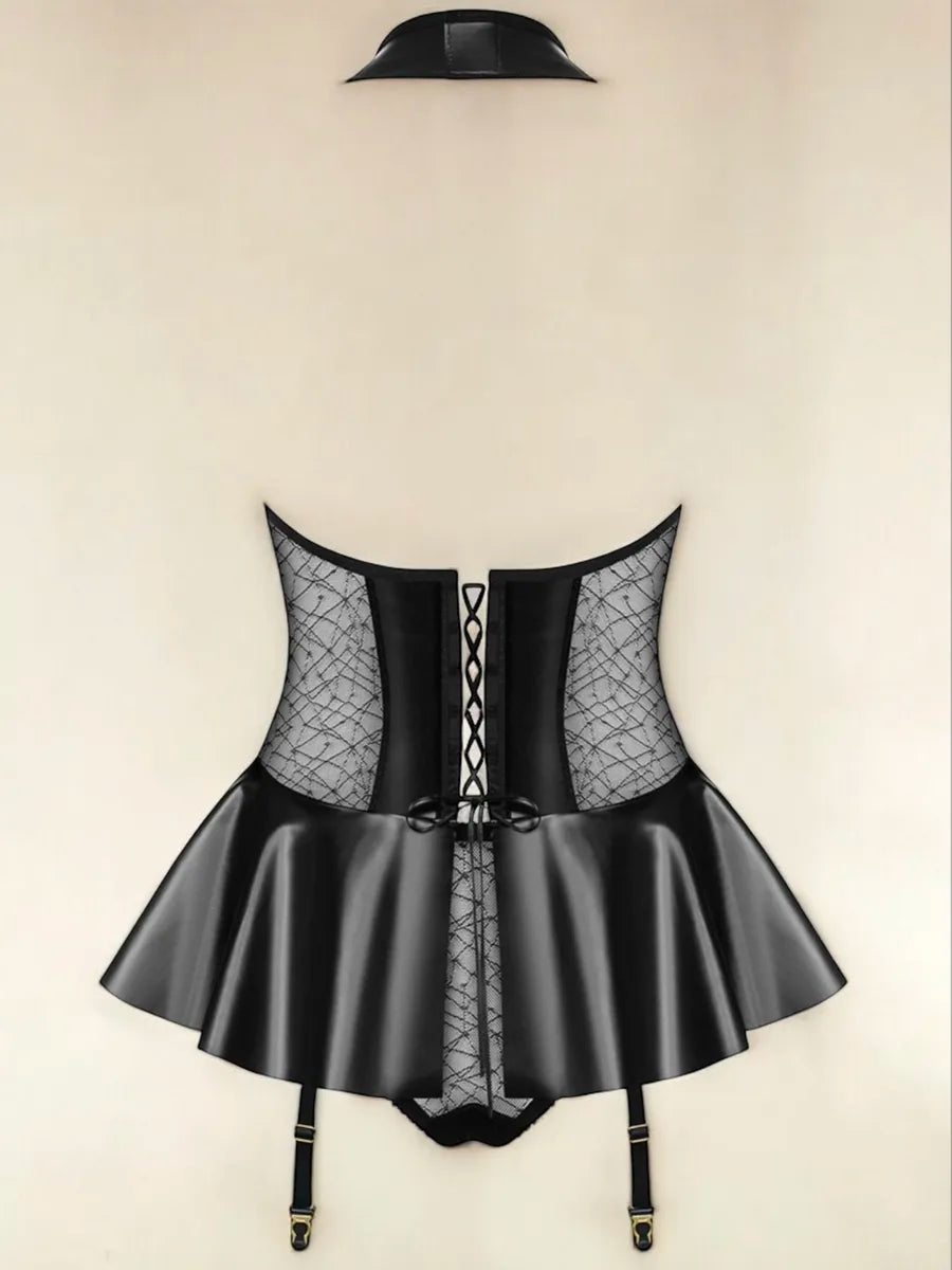 Women's Black Wet Look Bodysuit with Cut-Out, Ruffle Skirt and Suspender Straps