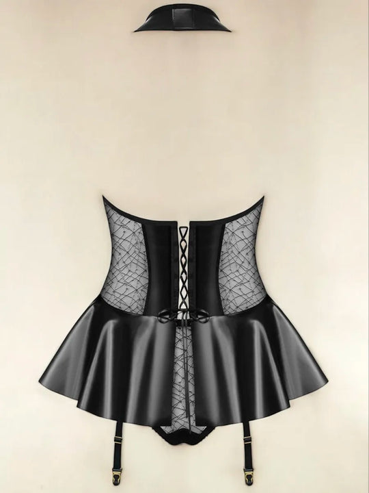 Women's Black Wet Look Bodysuit with Cut-Out, Ruffle Skirt and Suspender Straps