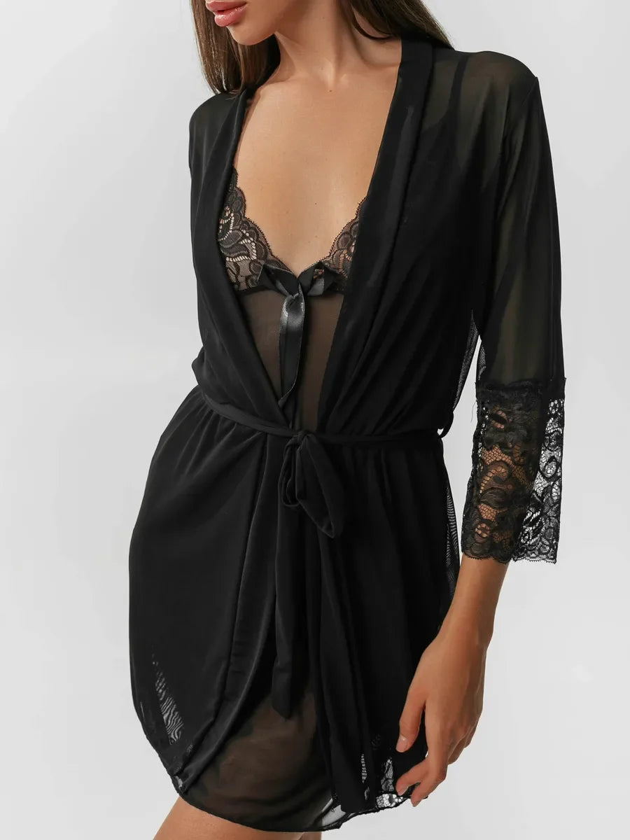 Women's Red Lace Bodysuit and Sheer Chiffon Kimono 2-Piece Set with Tie Belt