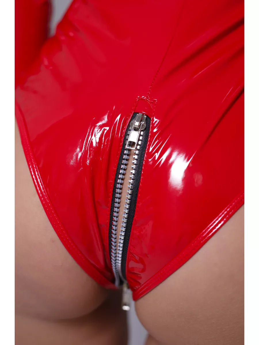 Women's Red Faux Patent Leather Bodysuit with Front Zip and Buckled Choker Collar