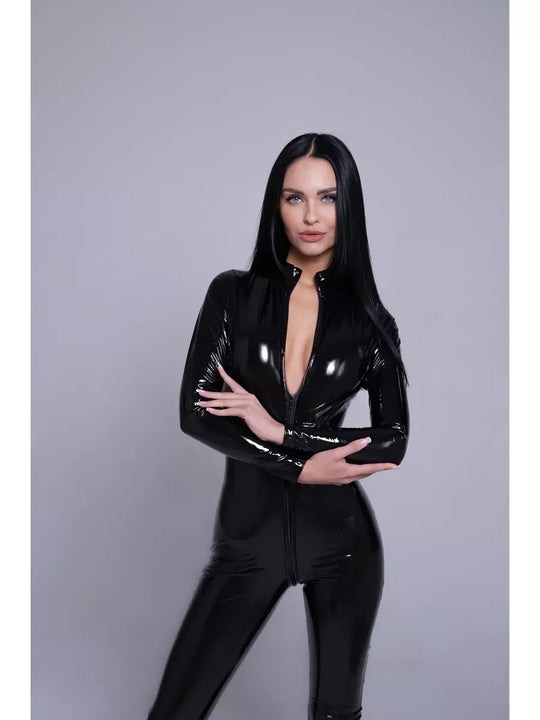 Women's Long-Sleeve Glossy Faux Leather Catsuit with Stand Collar and Front Zip