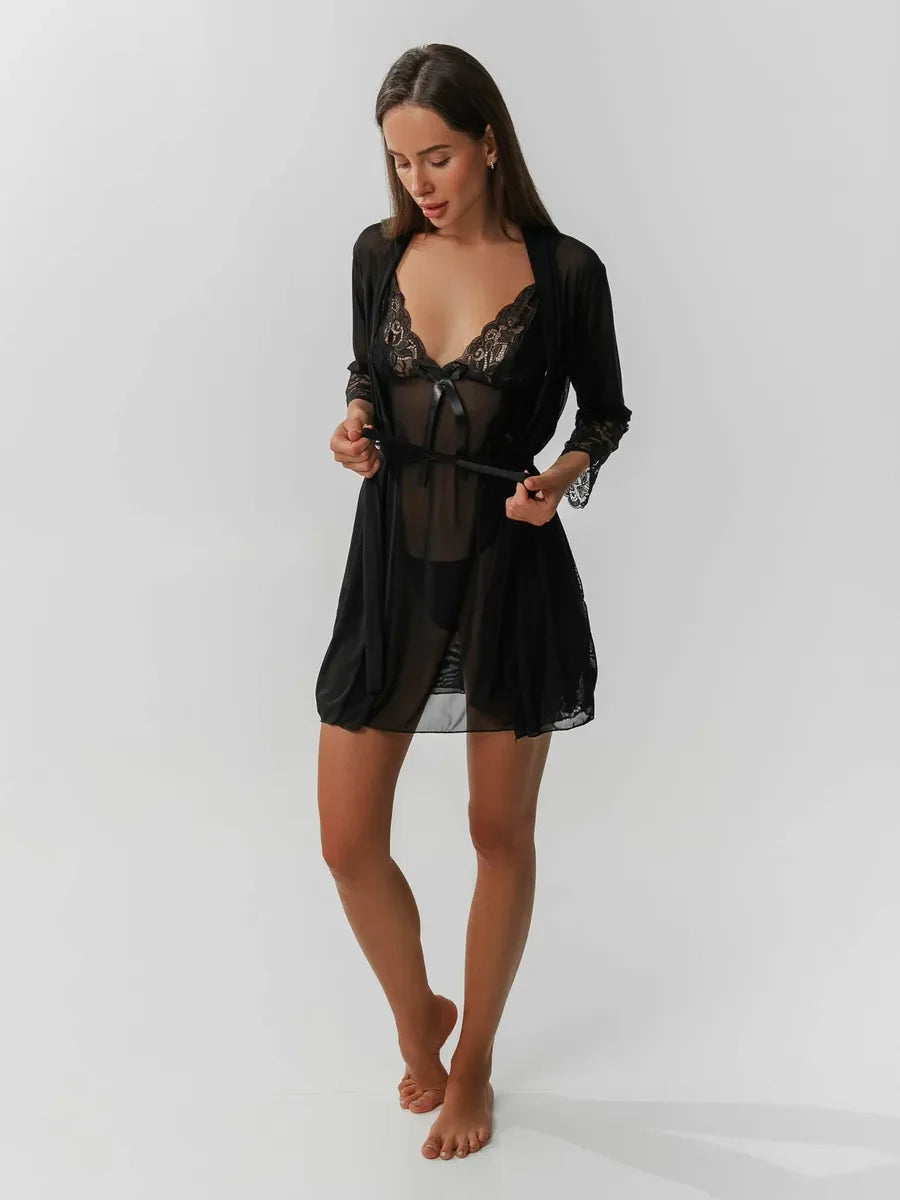 Women's Red Lace Bodysuit and Sheer Chiffon Kimono 2-Piece Set with Tie Belt