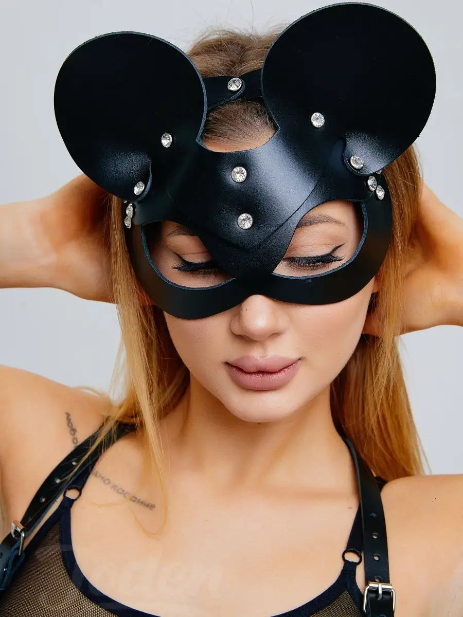 Black Faux Leather Cat Mask with Metal Studs and Adjustable Back Strap