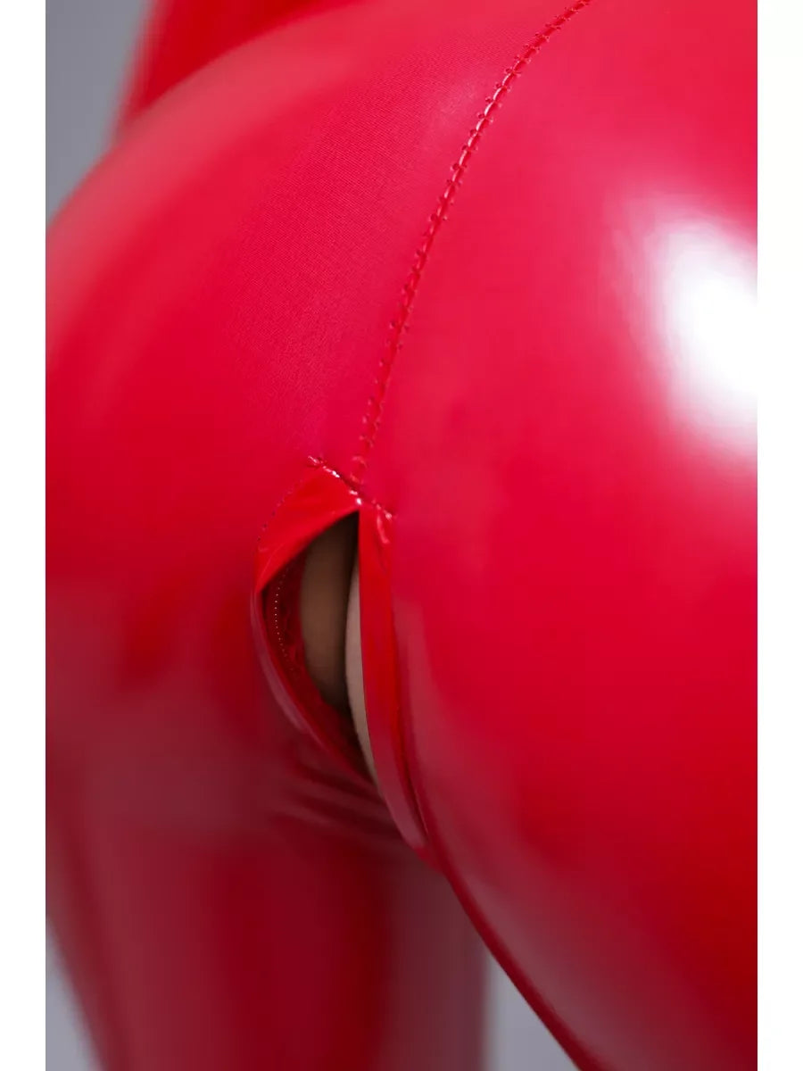 Women's Red Wet Look Sleeveless Catsuit with Stand Collar and Front Zip
