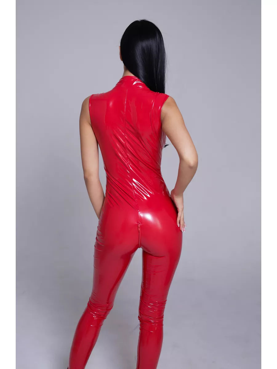 Women's Red Wet Look Sleeveless Catsuit with Stand Collar and Front Zip