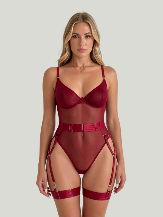 Women's Burgundy Underwired Mesh Bodysuit with Satin Straps and Adjustable Suspenders
