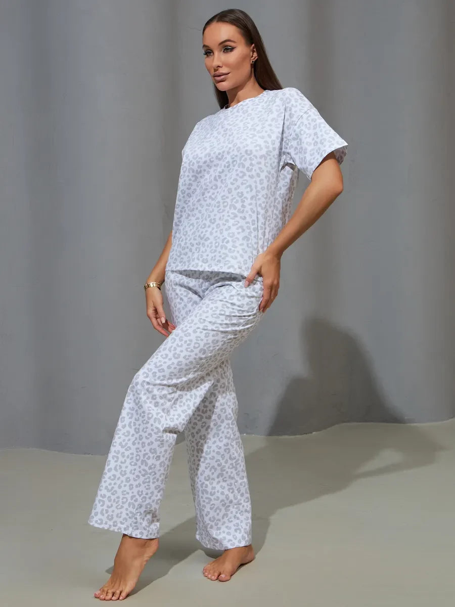 Women's Leopard Print Satin Pyjama Set with Short-Sleeve Top and Long Trousers