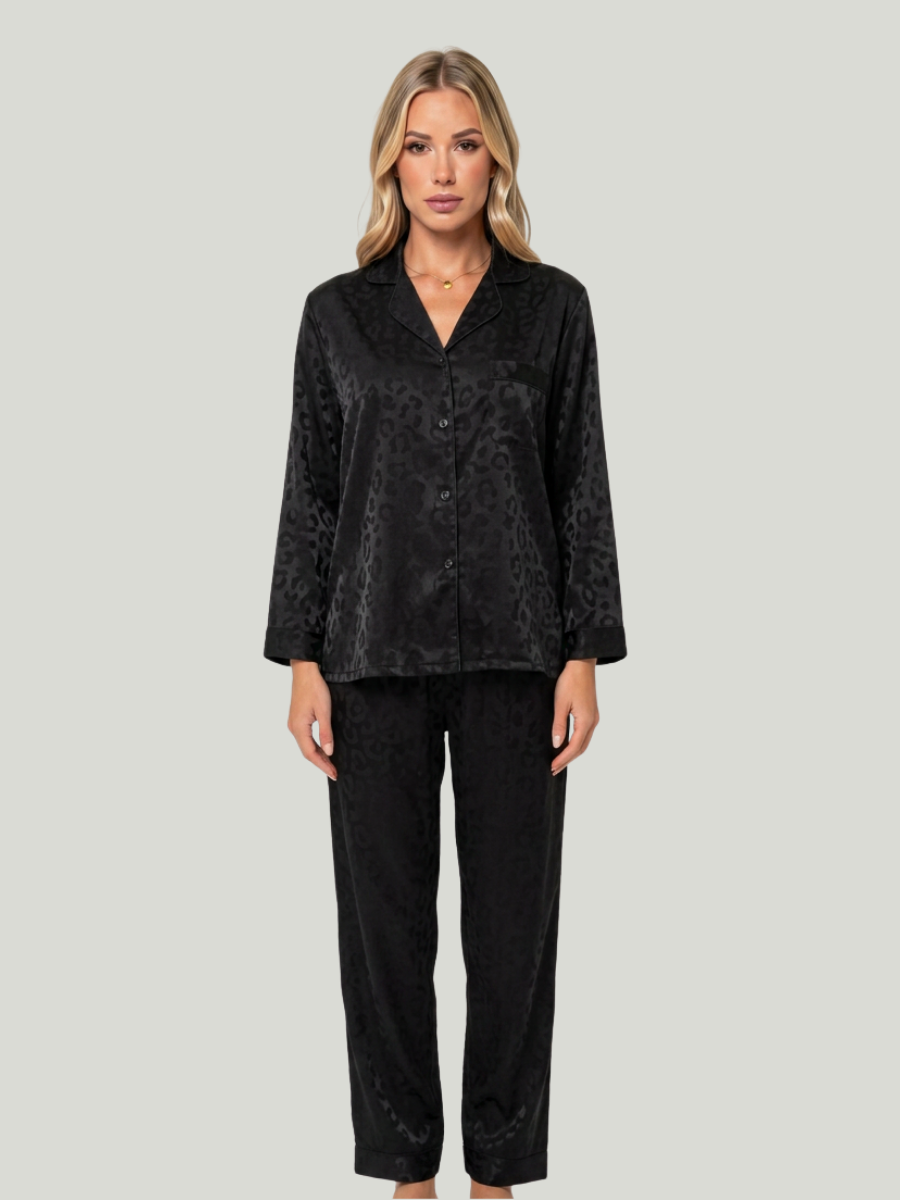 Damen-Pyjama-Set aus schwarzem Jacquard-Satin mit Leopardenmuster, Oberteil mit Knopfleiste und Hose