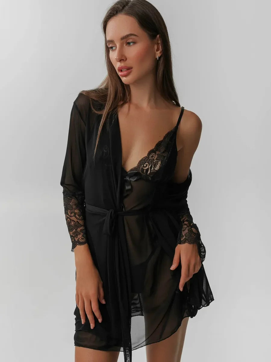 Women's Red Lace Bodysuit and Sheer Chiffon Kimono 2-Piece Set with Tie Belt