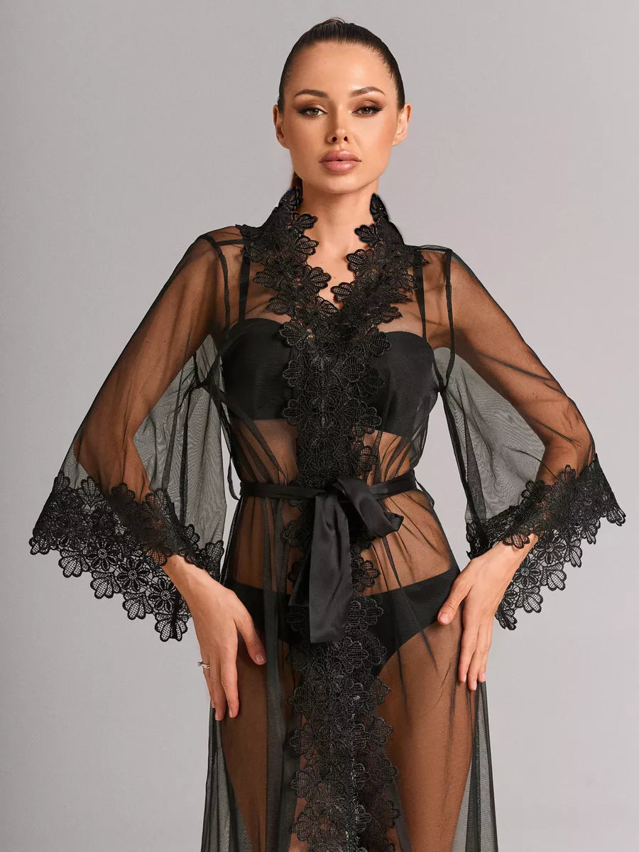Women's Floor-Length Black Chiffon Kimono Robe with Floral Lace and Satin Tie Belt