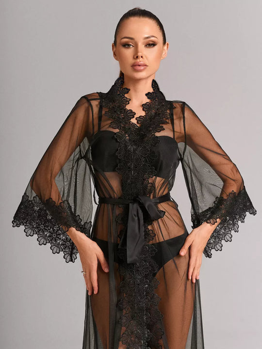 Women's Floor-Length Black Chiffon Kimono Robe with Floral Lace and Satin Tie Belt