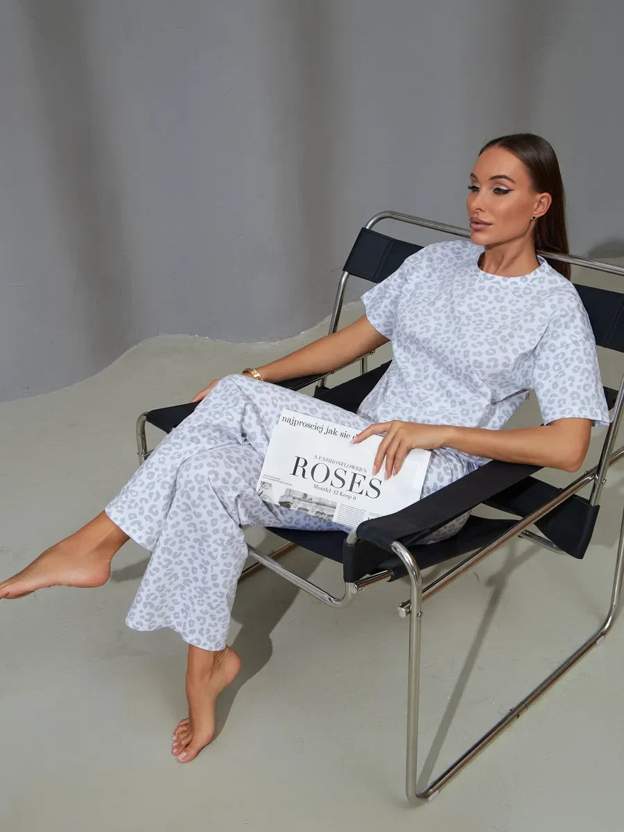 Women's Leopard Print Satin Pyjama Set with Short-Sleeve Top and Long Trousers