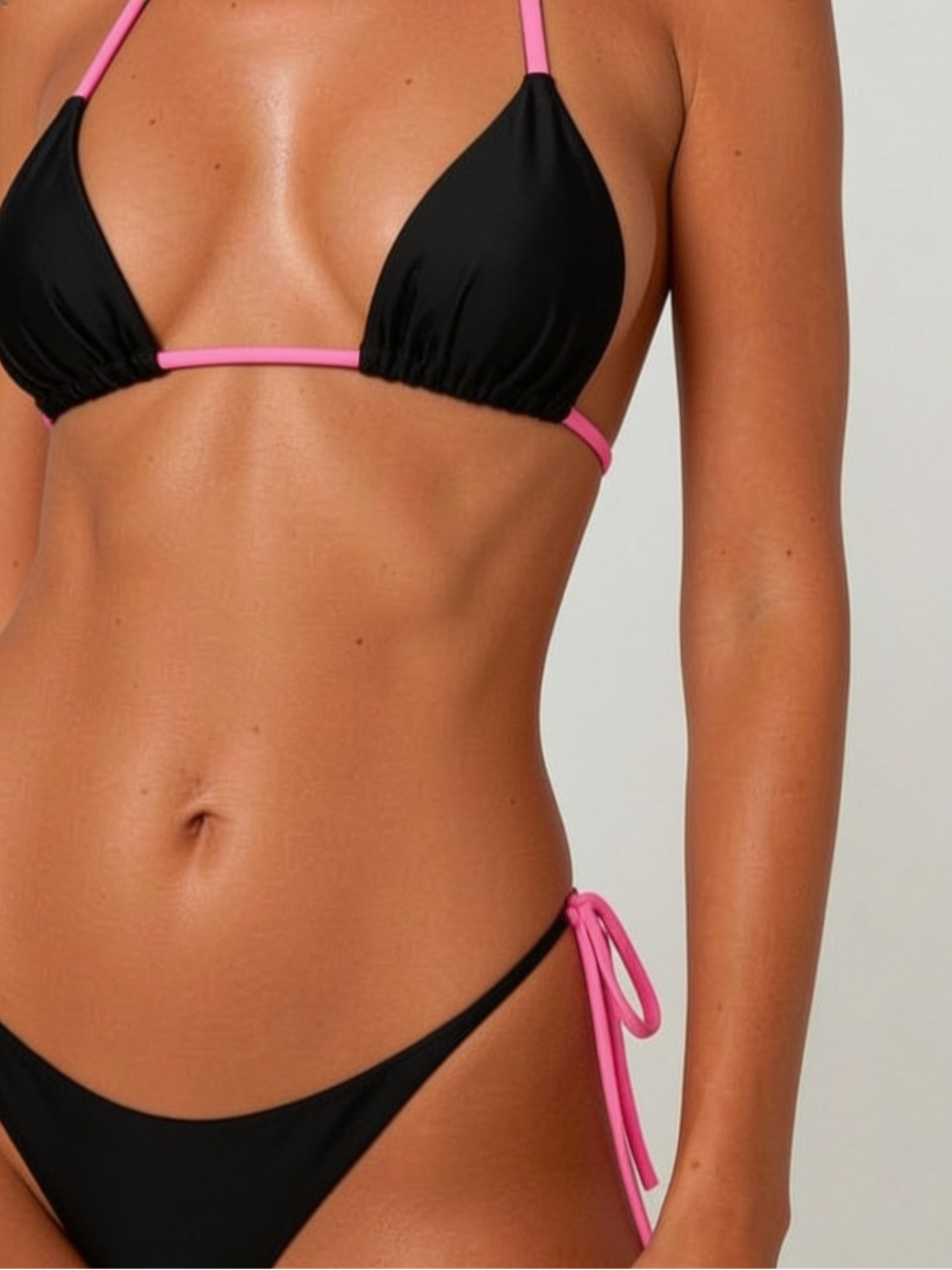 Women's Black and Neon Pink Triangle Bikini Set with High-Cut Bottoms and Tie Straps