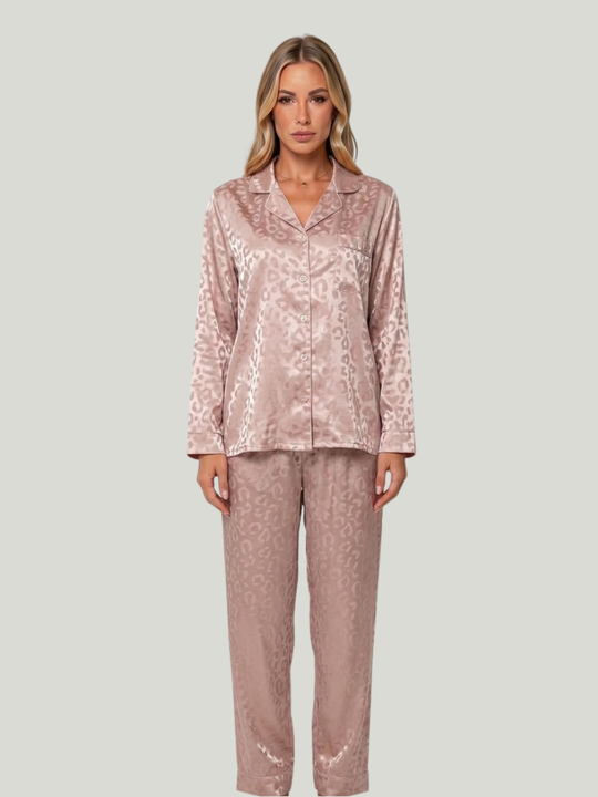 Damen-Pyjama-Set aus altrosa Jacquard-Satin mit Leopardenmuster und Oberteil mit Knopfleiste