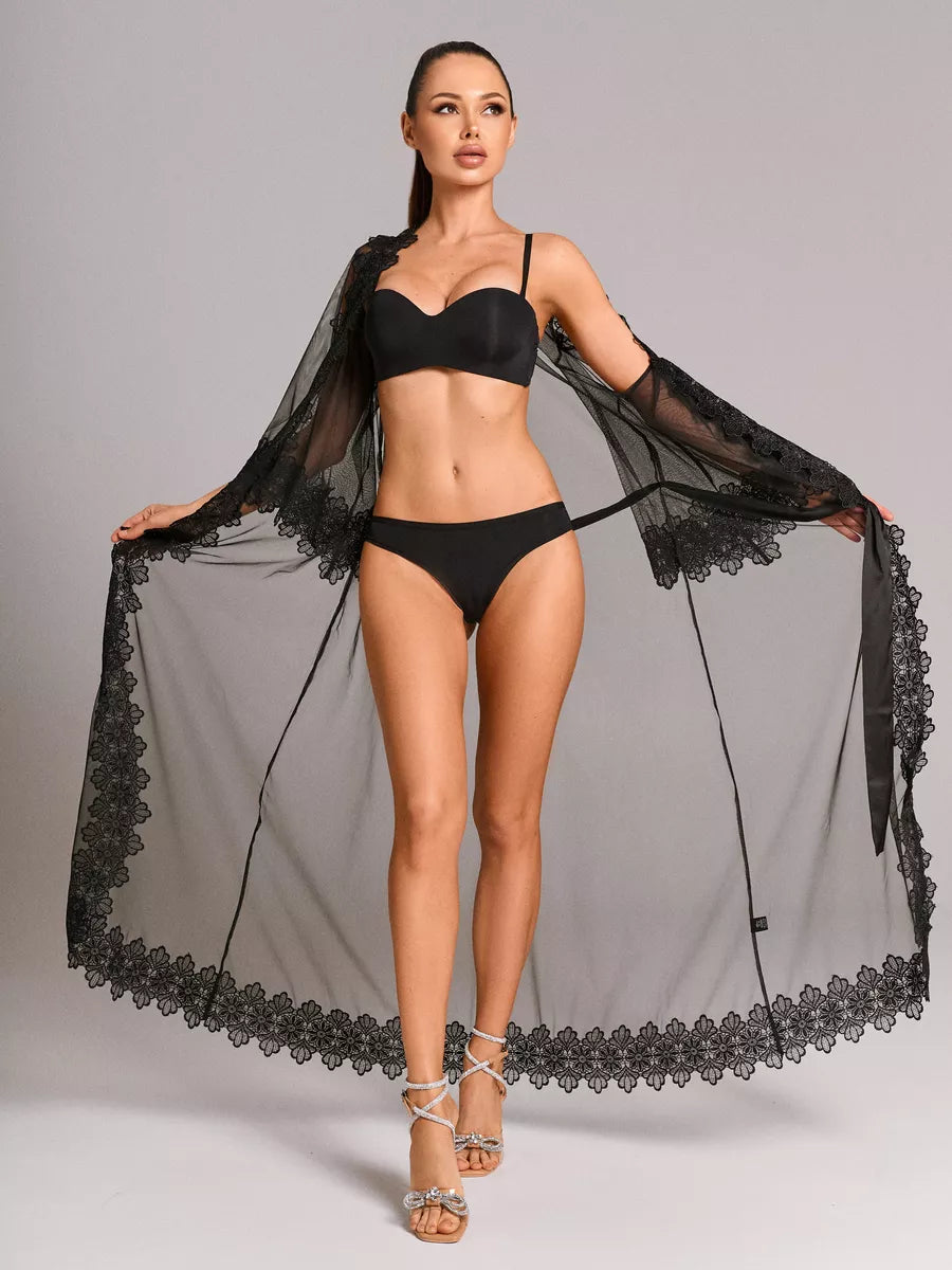 Women's Floor-Length Black Chiffon Kimono Robe with Floral Lace and Satin Tie Belt