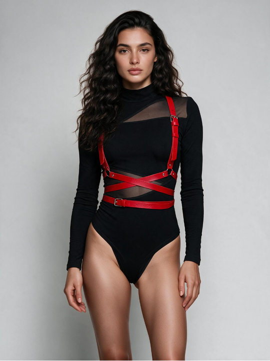 Women's Red Faux Leather Corset-Style Harness with Adjustable Shoulder and Waist Buckles