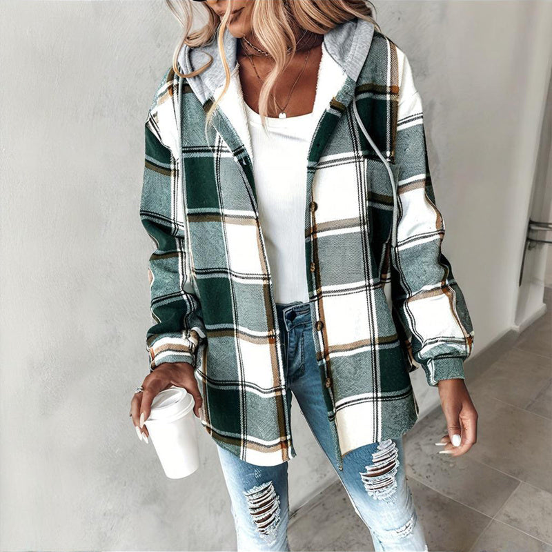 Plaid Drawstring Hoodie Shirt