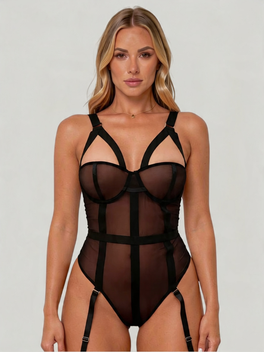 Damen-Bodysuit aus transparentem Mesh mit Bügeln, Harness-Ausschnitt und abnehmbaren Strapsen