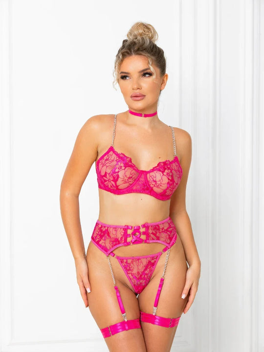 Women's Floral Embroidered 3-Piece Lingerie Set with Unpadded Bra and Gold-Tone Fittings