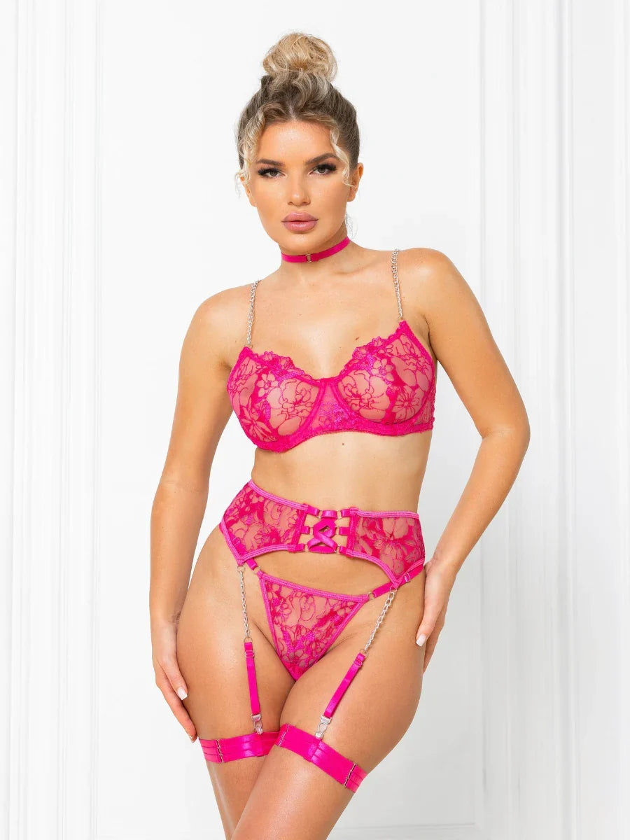 Women's Floral Embroidered 3-Piece Lingerie Set with Unpadded Bra and Gold-Tone Fittings