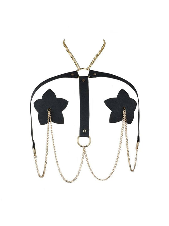 Star-Shaped Faux Leather Nipple Cover Harness with Gold-Tone Chains and Rings