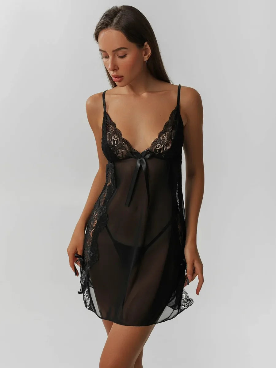 Women's Red Lace Bodysuit and Sheer Chiffon Kimono 2-Piece Set with Tie Belt