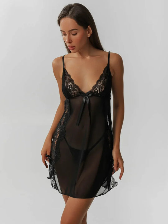 Women's Red Lace Bodysuit and Sheer Chiffon Kimono 2-Piece Set with Tie Belt