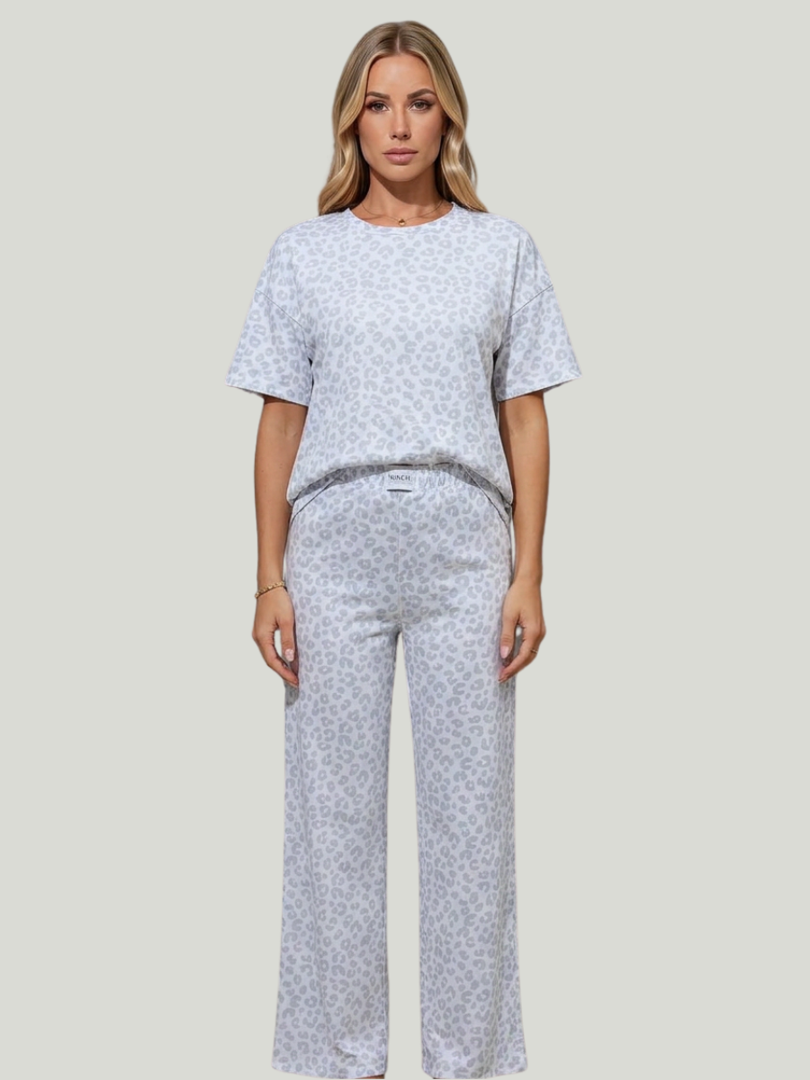 Women's Leopard Print Satin Pyjama Set with Short-Sleeve Top and Long Trousers
