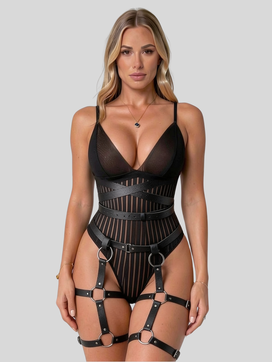 Women's Faux Leather Hip and Thigh Harness with Geometric Straps and Adjustable Buckles