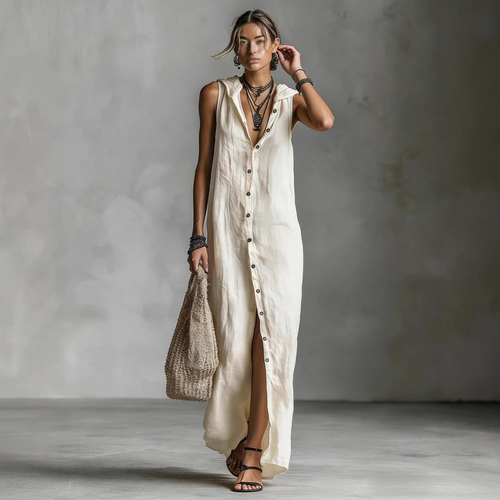 Women's Sleeveless Deep V-Neck Hooded Loose Maxi Dress – 6 Colors XS–3XL