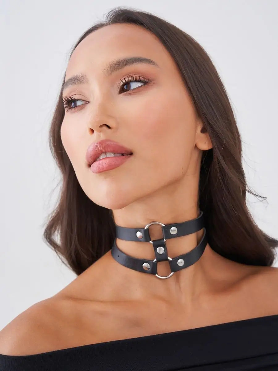 Black Faux Leather Double-Ring Choker Necklace with Adjustable Strap