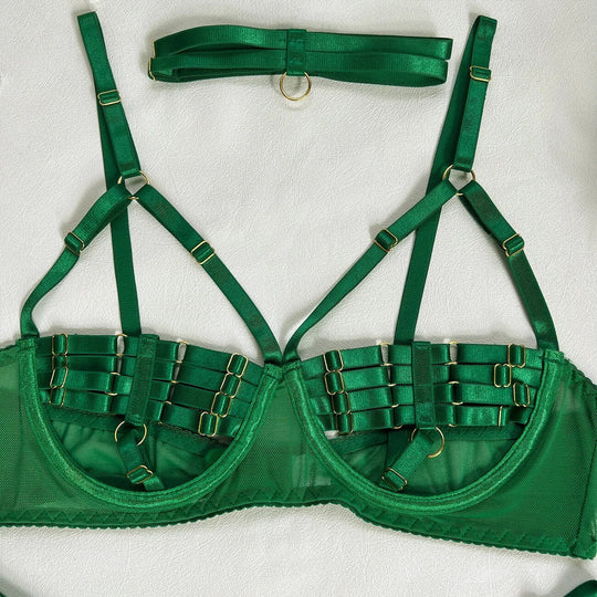 Women's Underwired Lingerie Set with Bra, Briefs, Choker and Suspender Details