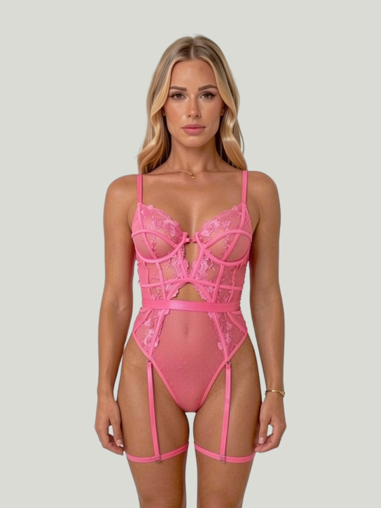 Women's Floral Lace Underwired Bodysuit with Harness Straps and Adjustable Suspenders
