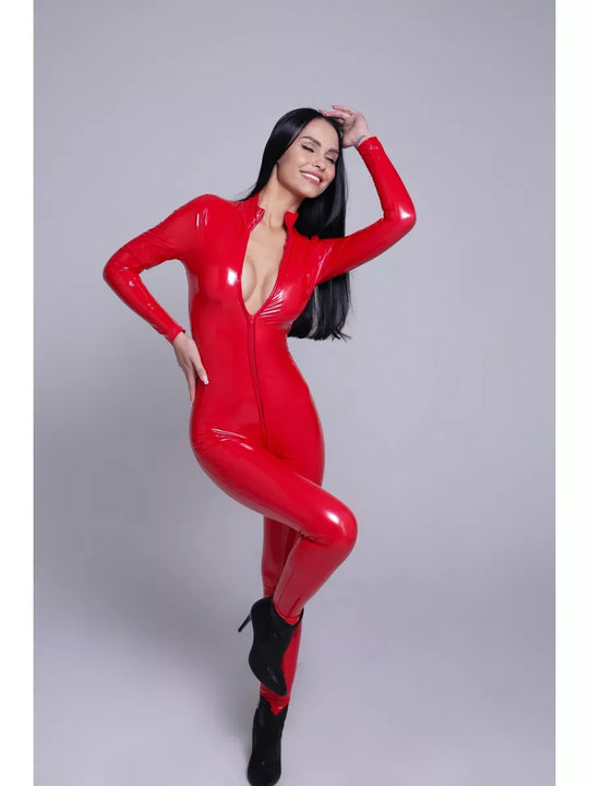 Women's Long-Sleeve Glossy Faux Leather Catsuit with Stand Collar and Front Zip
