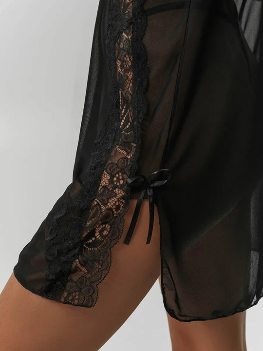 Women's Red Lace Bodysuit and Sheer Chiffon Kimono 2-Piece Set with Tie Belt