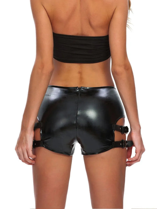 Women's Wet Look Faux Leather Shorts with Side Cut-Outs and Adjustable Buckle Straps