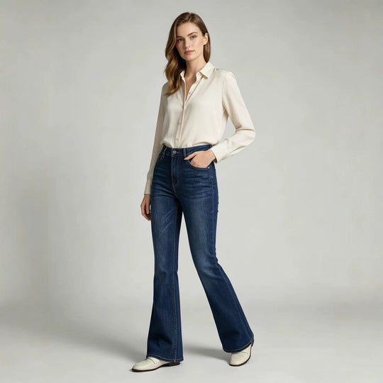 High-Waist Slim-Fit Slightly Flared Women's Jeans – Full-Length Denim Pants