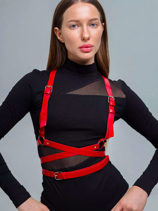 Women's Red Faux Leather Corset-Style Harness with Adjustable Shoulder and Waist Buckles