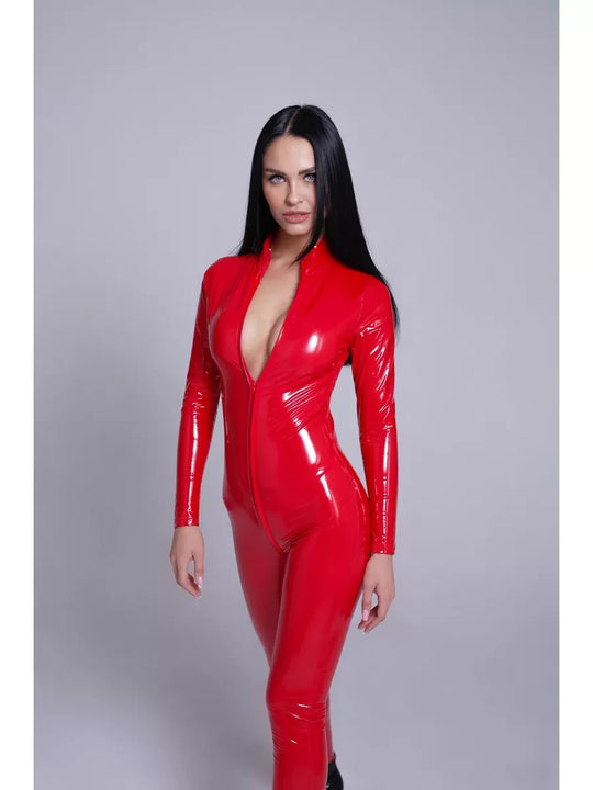 Women's Long-Sleeve Glossy Faux Leather Catsuit with Stand Collar and Front Zip