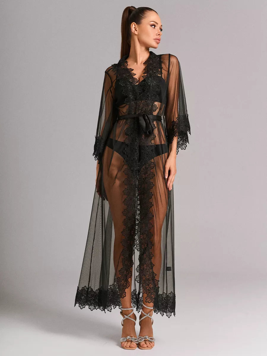 Women's Floor-Length Black Chiffon Kimono Robe with Floral Lace and Satin Tie Belt