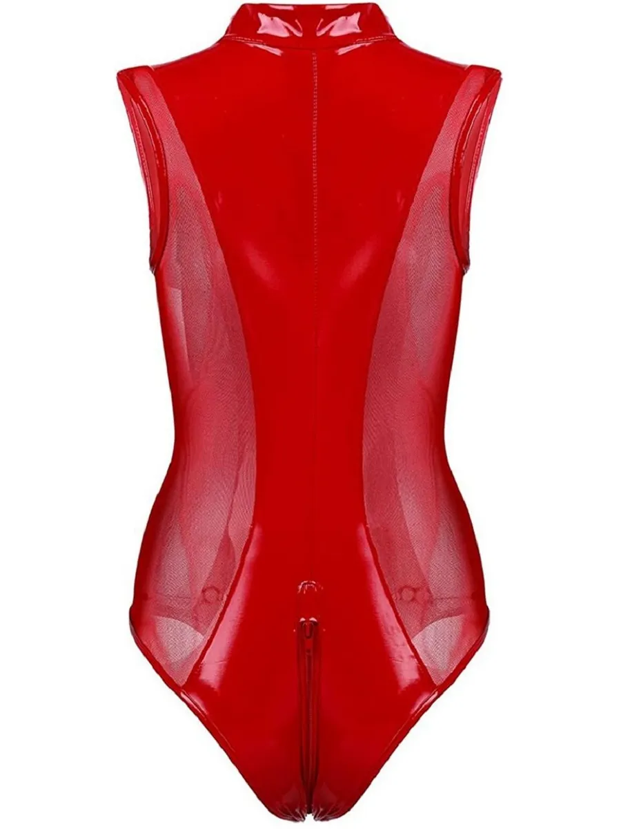 Roter Wet-Look-Bodysuit für Damen mit transparenten Mesh-Einsätzen, Stehkragen und Reißverschluss vorne