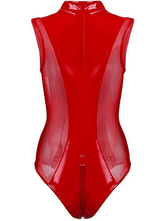 Roter Wet-Look-Bodysuit für Damen mit transparenten Mesh-Einsätzen, Stehkragen und Reißverschluss vorne