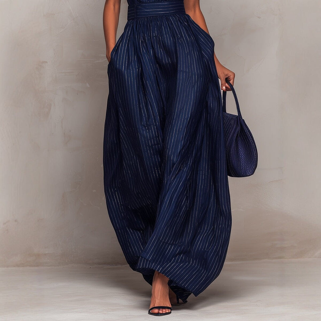 Women's Navy Blue Striped Sleeveless Wide-Leg Jumpsuit — High-Waist French Style