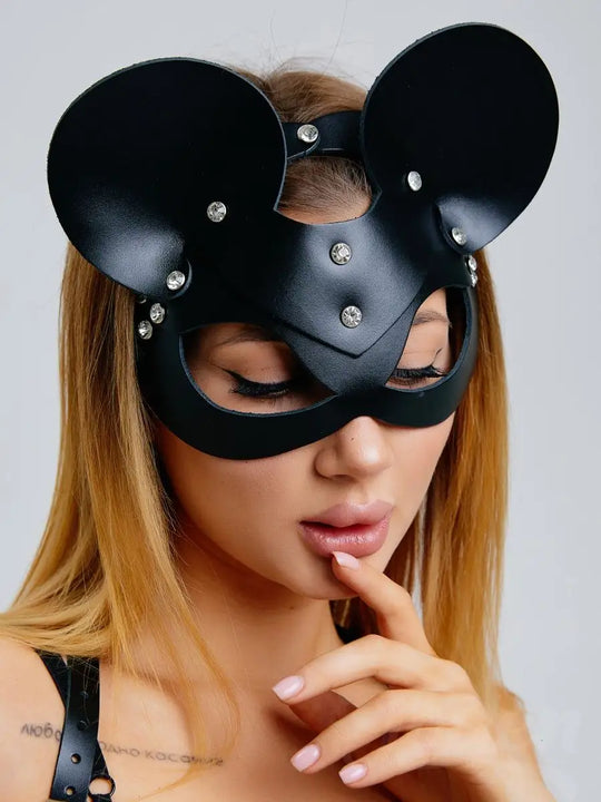 Black Faux Leather Cat Mask with Metal Studs and Adjustable Back Strap