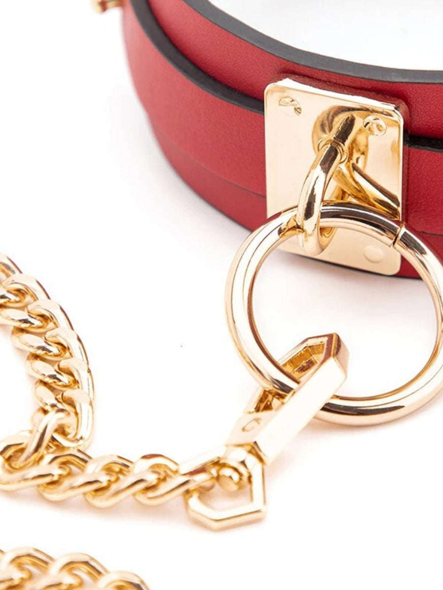 Red Padded Faux Leather Choker with Detachable Chain, O-Ring and Hand Loop